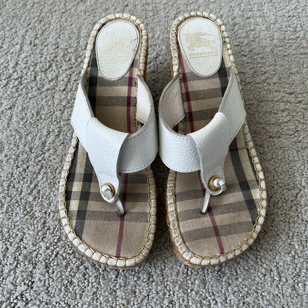 Burberry White and Beige Check Sandals